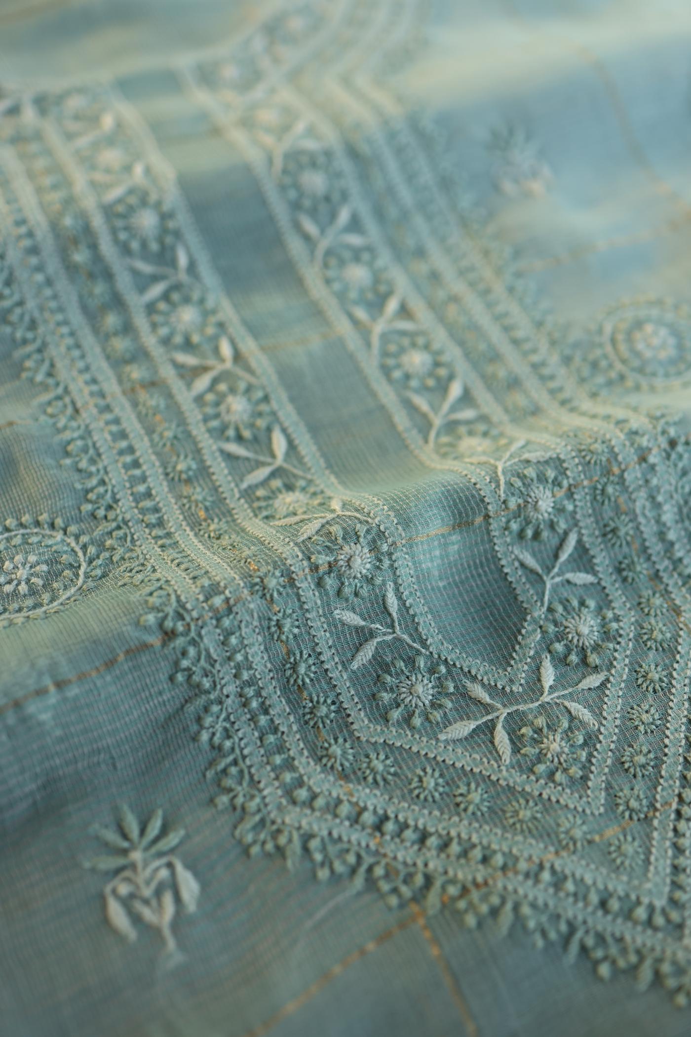 Shadow Green Shade Tissue Zari Kota Chikankari Unstitched Fabric