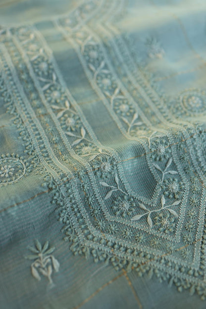 Shadow Green Shade Tissue Zari Kota Chikankari Unstitched Fabric