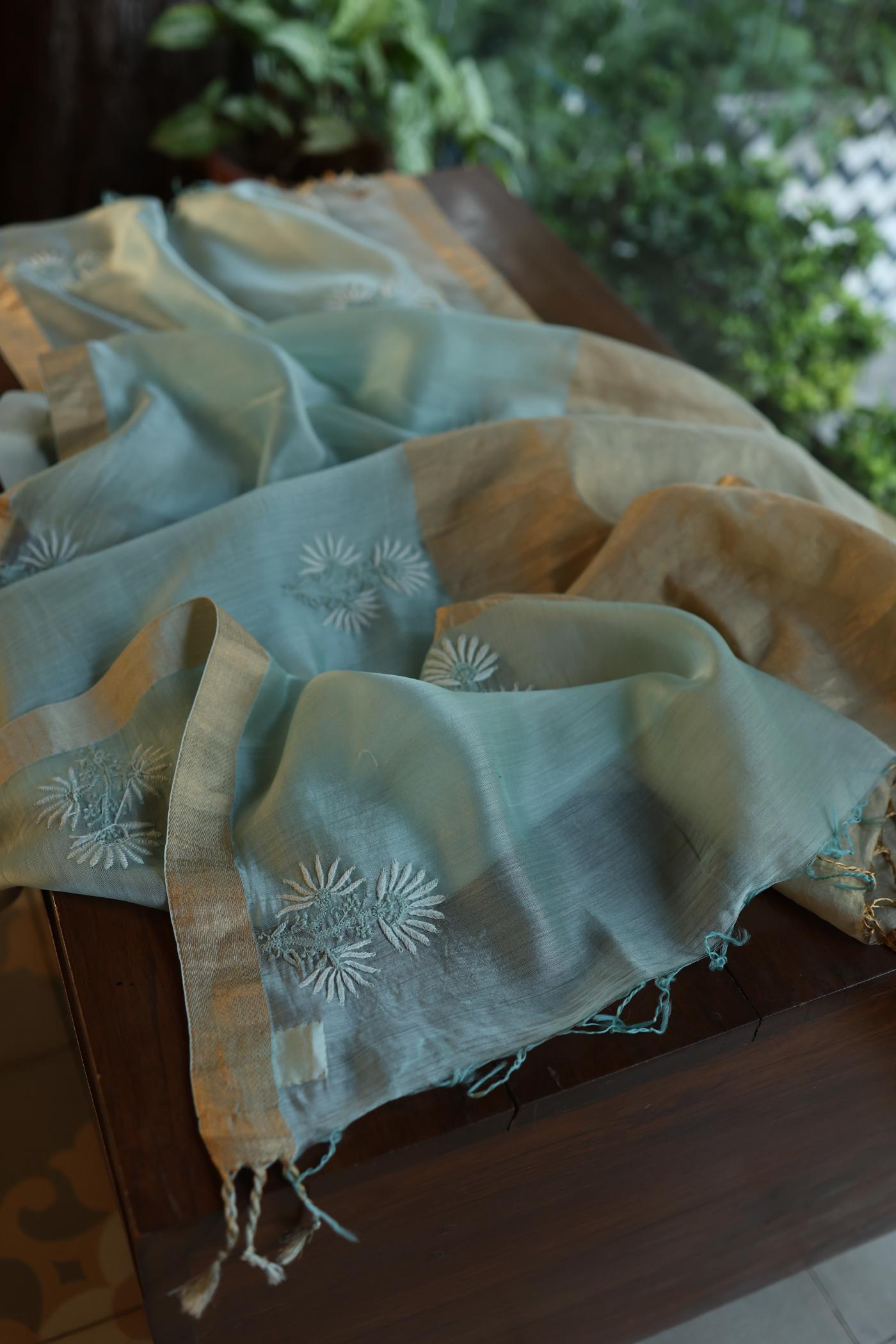 Shadow Green Shade Tissue Zari Kota Chikankari Unstitched Fabric