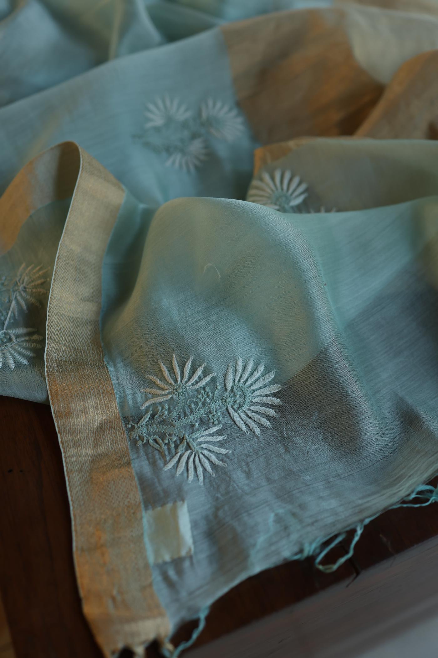 Shadow Green Shade Tissue Zari Kota Chikankari Unstitched Fabric