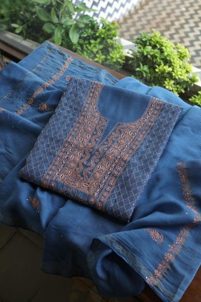 Silk Blue Mal Cotton Fine Chikankari With Kamdani Work Unstitched Fabric