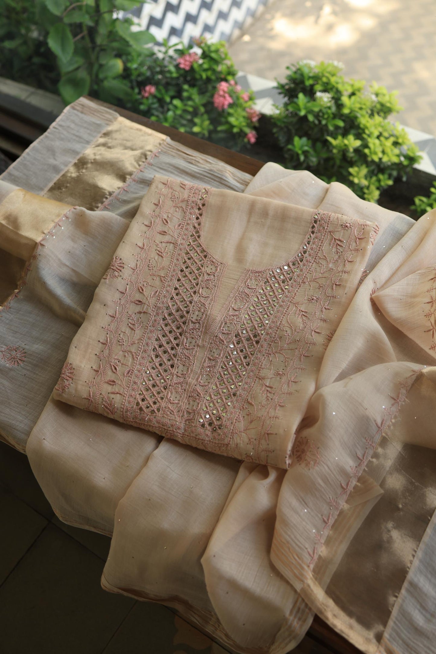 Silk Beige Mal Cotton Fine Chikankari With Kamdani Work Unstitched Fabric