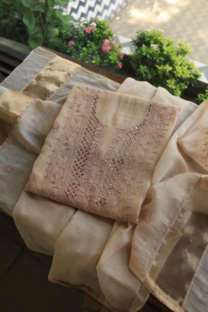 Silk Beige Mal Cotton Fine Chikankari With Kamdani Work Unstitched Fabric