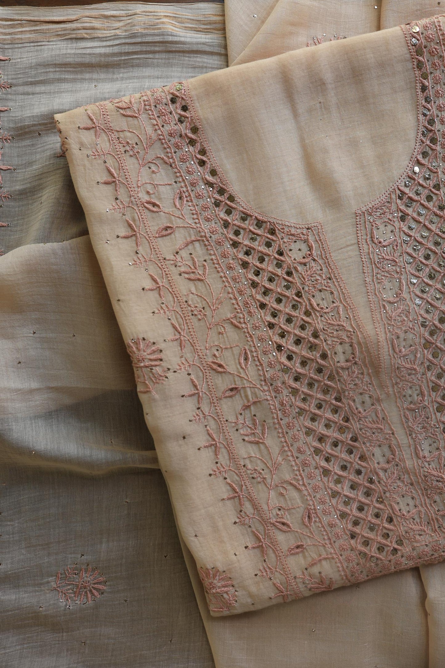 Silk Beige Mal Cotton Fine Chikankari With Kamdani Work Unstitched Fabric
