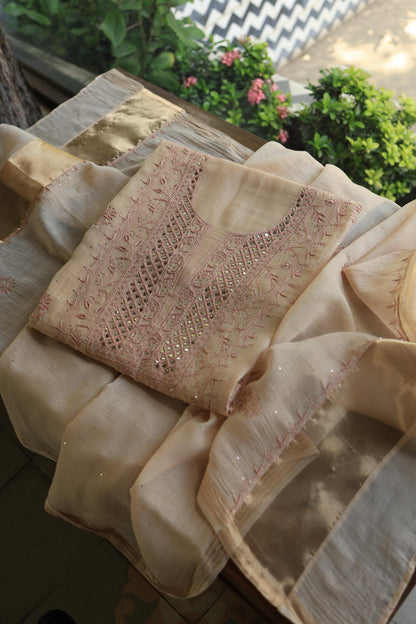 Silk Beige Mal Cotton Fine Chikankari With Kamdani Work Unstitched Fabric