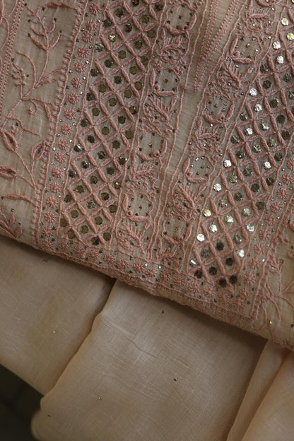 Silk Beige Mal Cotton Fine Chikankari With Kamdani Work Unstitched Fabric
