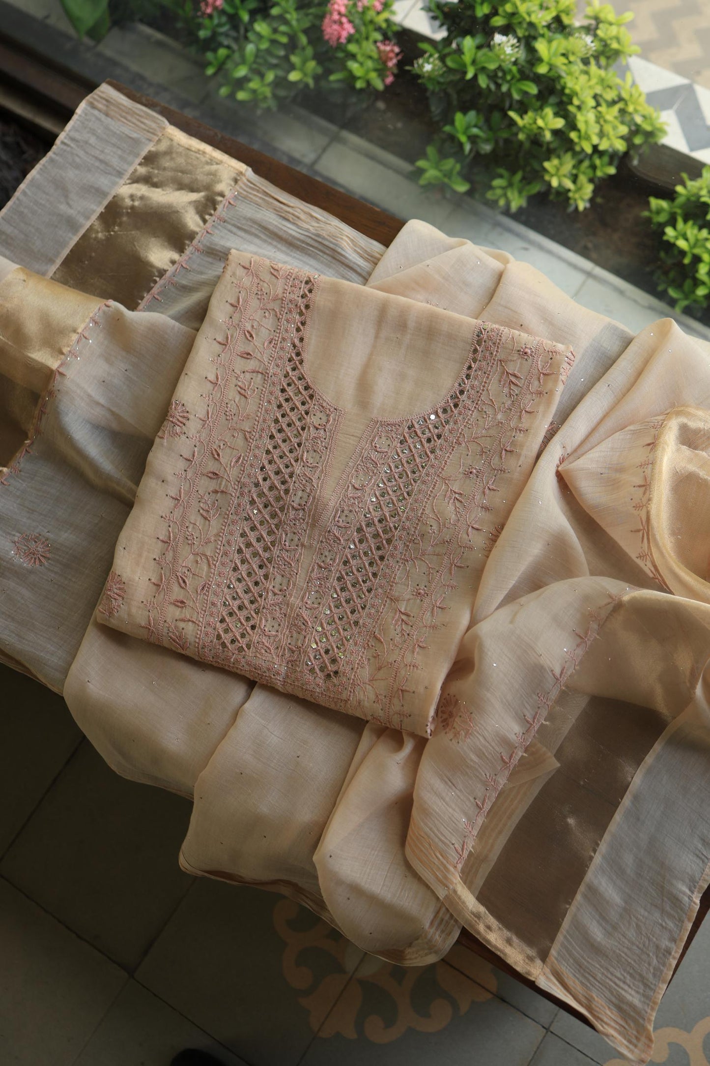 Silk Beige Mal Cotton Fine Chikankari With Kamdani Work Unstitched Fabric