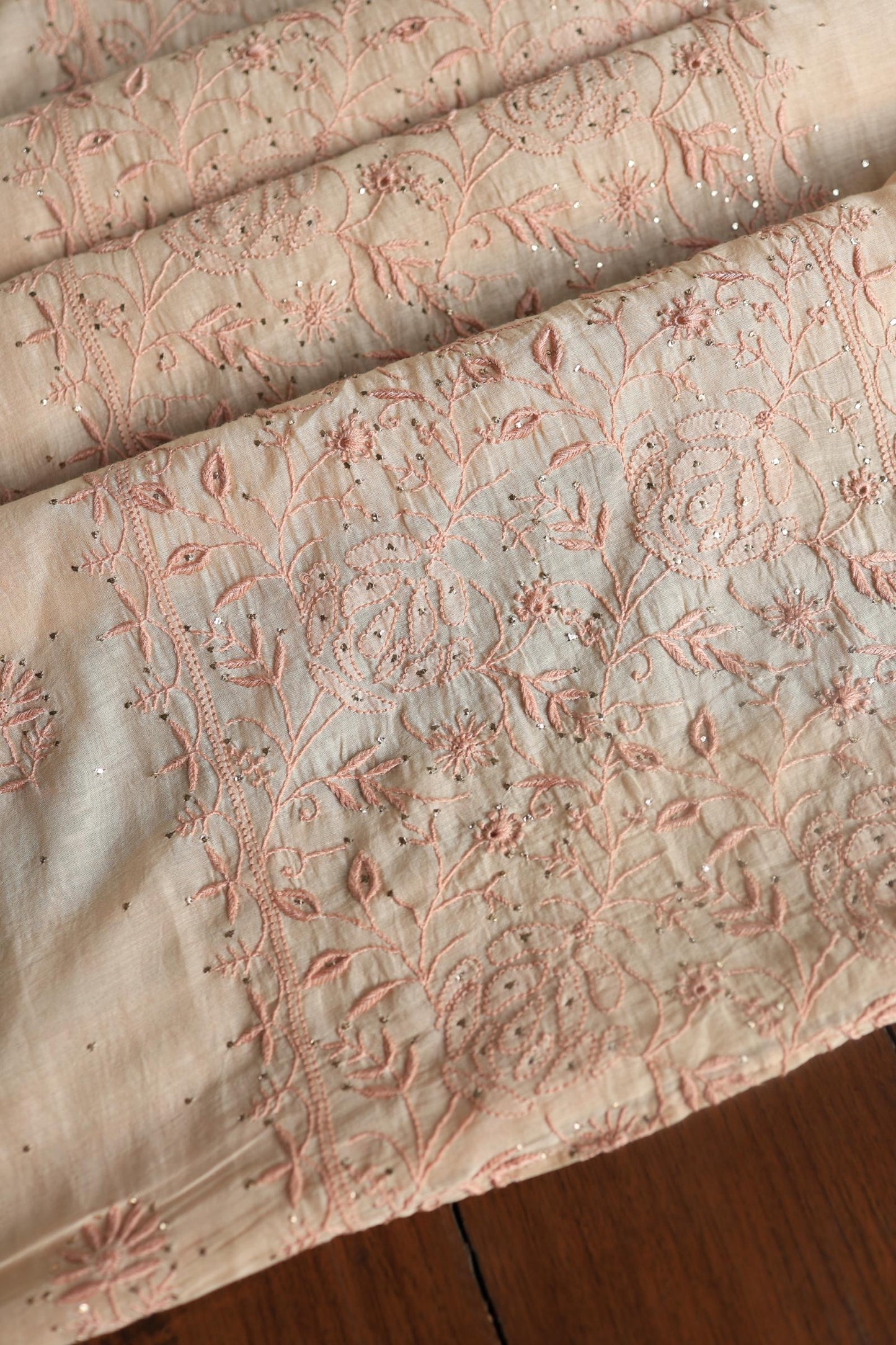 Silk Beige Mal Cotton Fine Chikankari With Kamdani Work Unstitched Fabric
