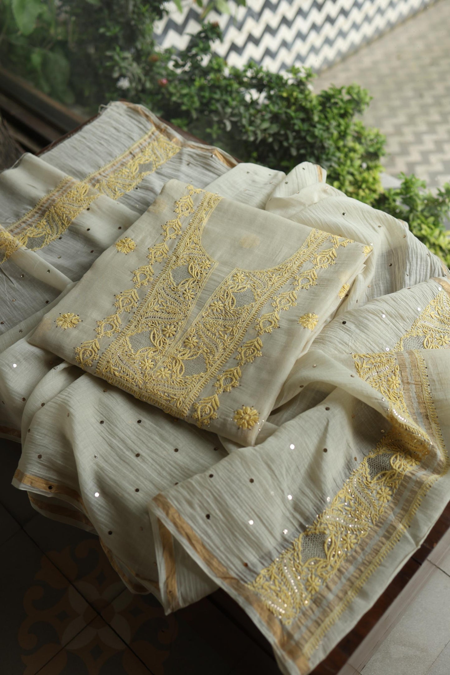 Silk Grey & Lemon Shade Mal Cotton Chikankari Unstitched Kurta Dupatta Fabric With Kamdani