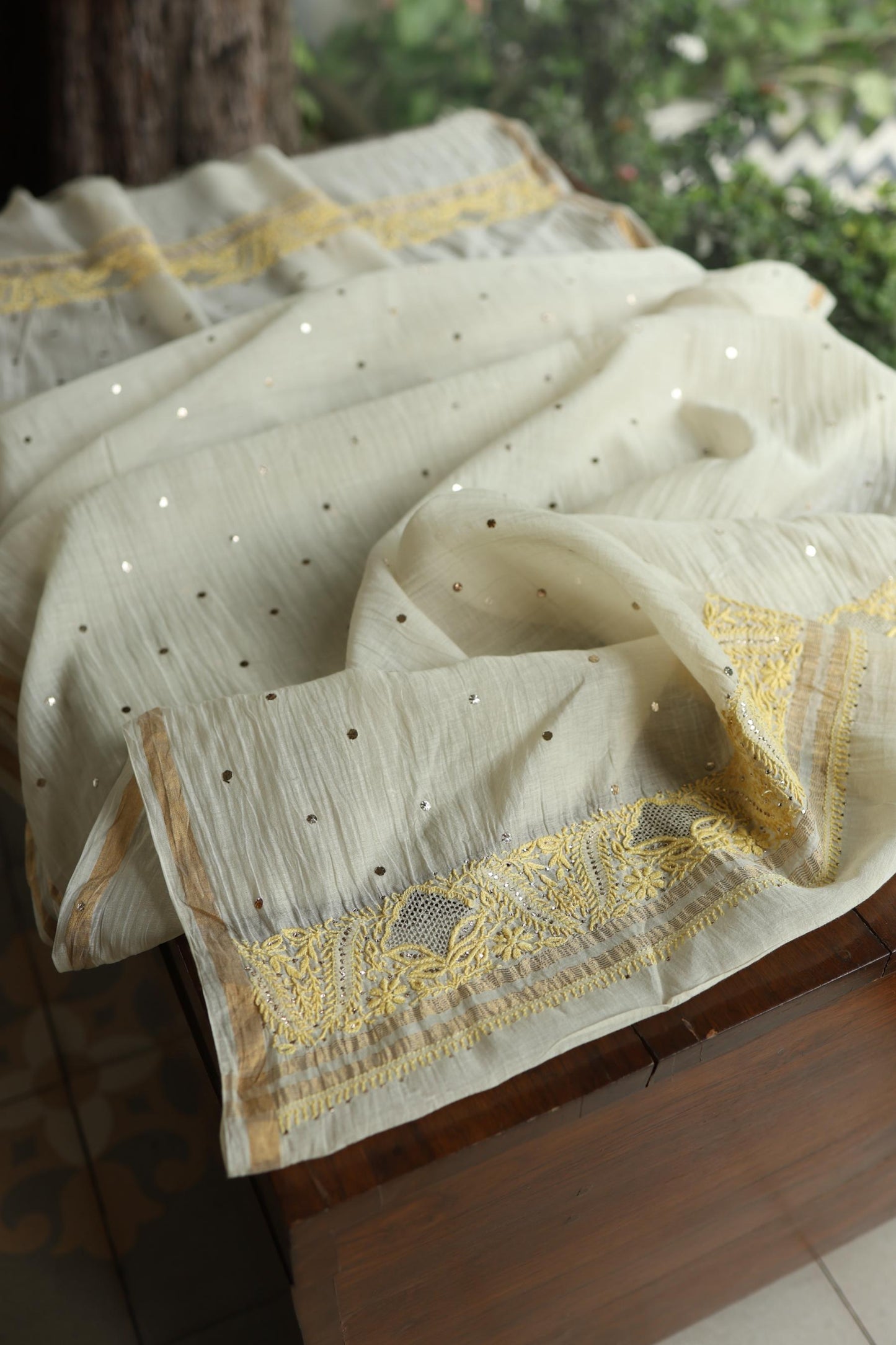 Silk Grey & Lemon Shade Mal Cotton Chikankari Unstitched Kurta Dupatta Fabric With Kamdani