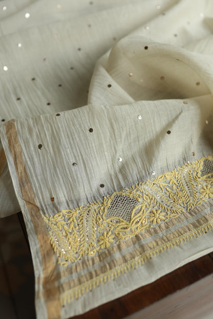 Silk Grey & Lemon Shade Mal Cotton Chikankari Unstitched Kurta Dupatta Fabric With Kamdani