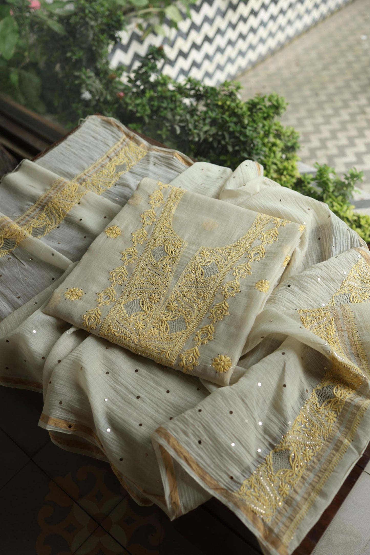 Silk Grey & Lemon Shade Mal Cotton Chikankari Unstitched Kurta Dupatta Fabric With Kamdani