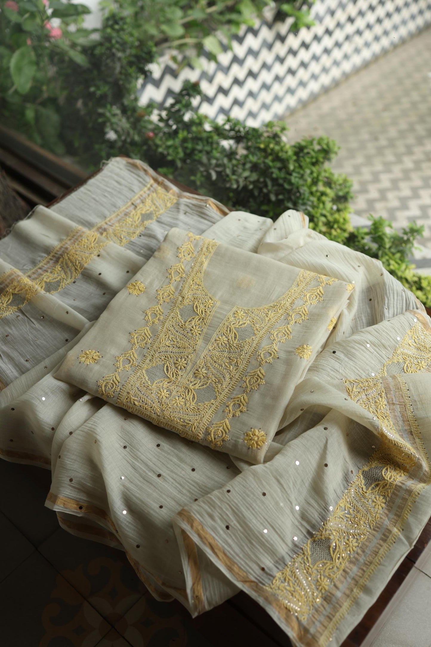 Silk Grey & Lemon Shade Mal Cotton Chikankari Unstitched Kurta Dupatta Fabric With Kamdani