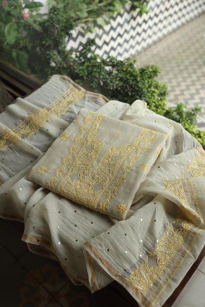 Silk Grey & Lemon Shade Mal Cotton Chikankari Unstitched Kurta Dupatta Fabric With Kamdani