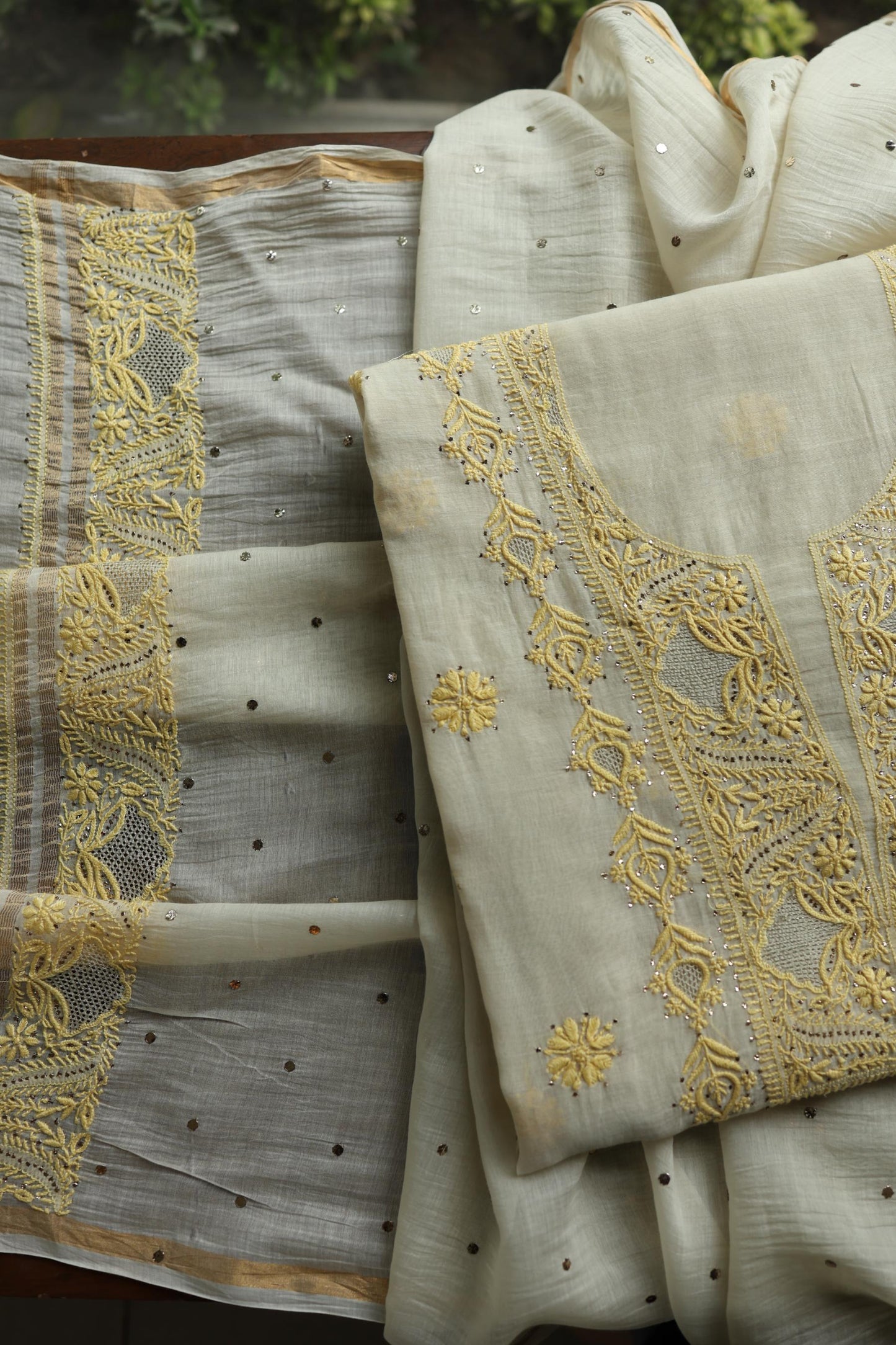 Silk Grey & Lemon Shade Mal Cotton Chikankari Unstitched Kurta Dupatta Fabric With Kamdani