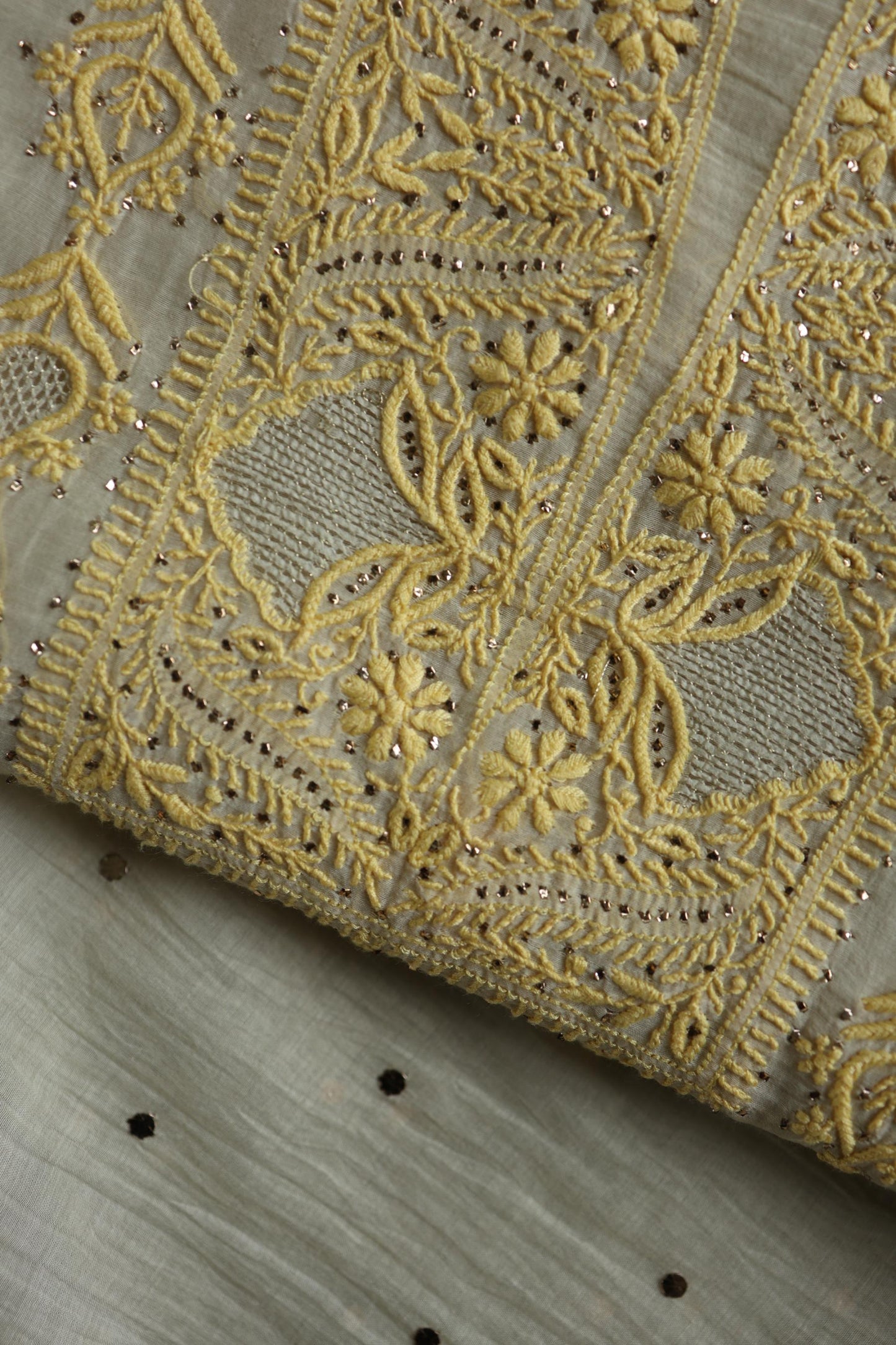 Silk Grey & Lemon Shade Mal Cotton Chikankari Unstitched Kurta Dupatta Fabric With Kamdani