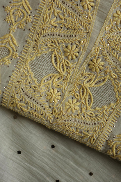 Silk Grey & Lemon Shade Mal Cotton Chikankari Unstitched Kurta Dupatta Fabric With Kamdani