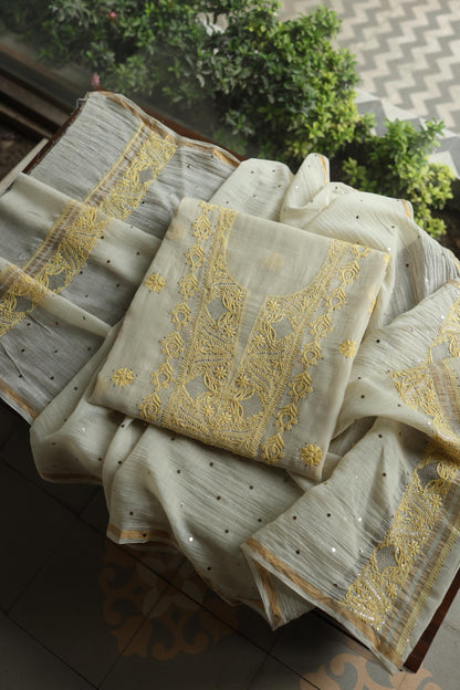 Silk Grey & Lemon Shade Mal Cotton Chikankari Unstitched Kurta Dupatta Fabric With Kamdani