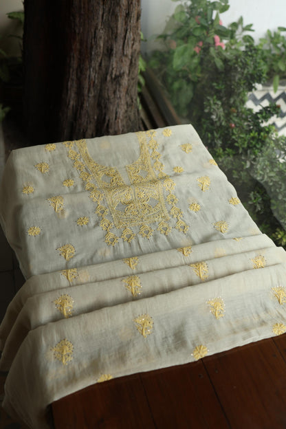 Silk Grey & Lemon Shade Mal Cotton Chikankari Unstitched Kurta Dupatta Fabric With Kamdani