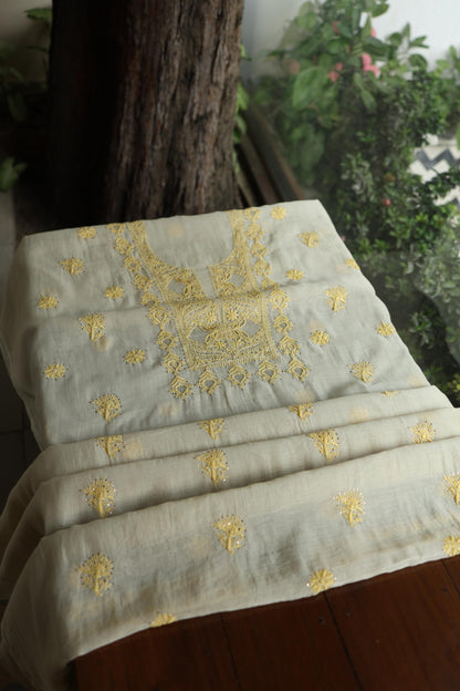 Silk Grey & Lemon Shade Mal Cotton Chikankari Unstitched Kurta Dupatta Fabric With Kamdani