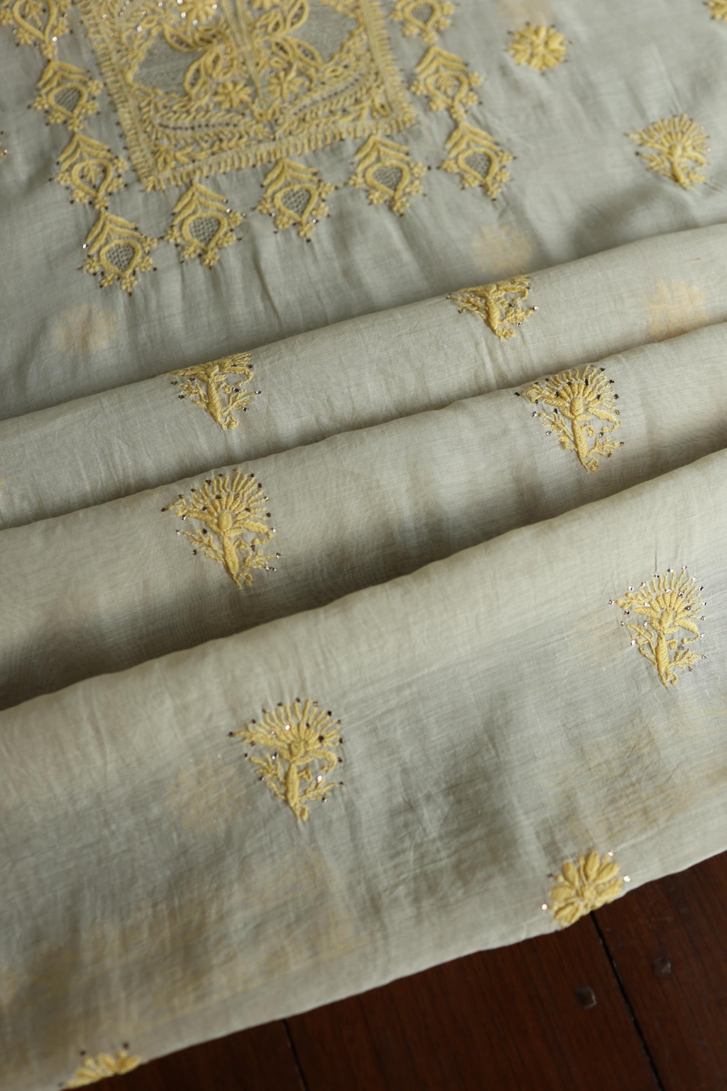 Silk Grey & Lemon Shade Mal Cotton Chikankari Unstitched Kurta Dupatta Fabric With Kamdani