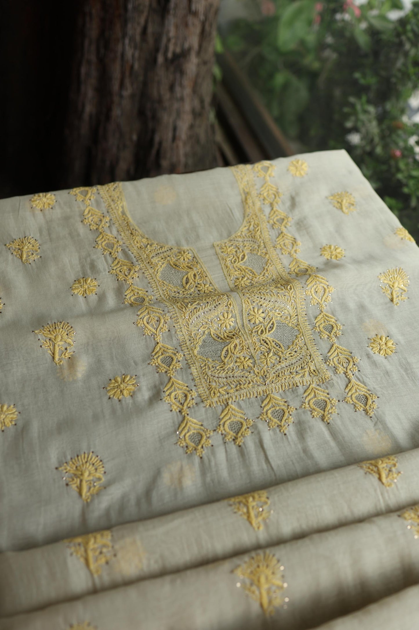Silk Grey & Lemon Shade Mal Cotton Chikankari Unstitched Kurta Dupatta Fabric With Kamdani