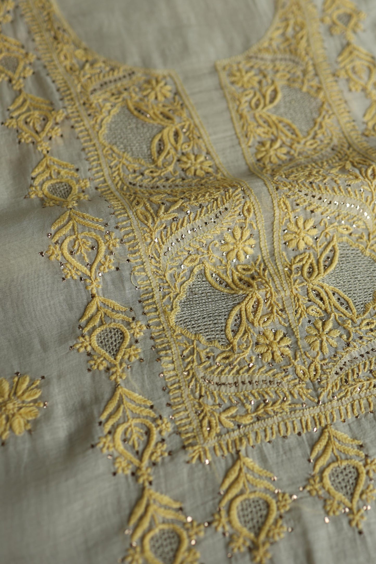 Silk Grey & Lemon Shade Mal Cotton Chikankari Unstitched Kurta Dupatta Fabric With Kamdani