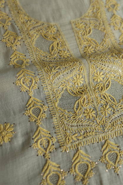 Silk Grey & Lemon Shade Mal Cotton Chikankari Unstitched Kurta Dupatta Fabric With Kamdani