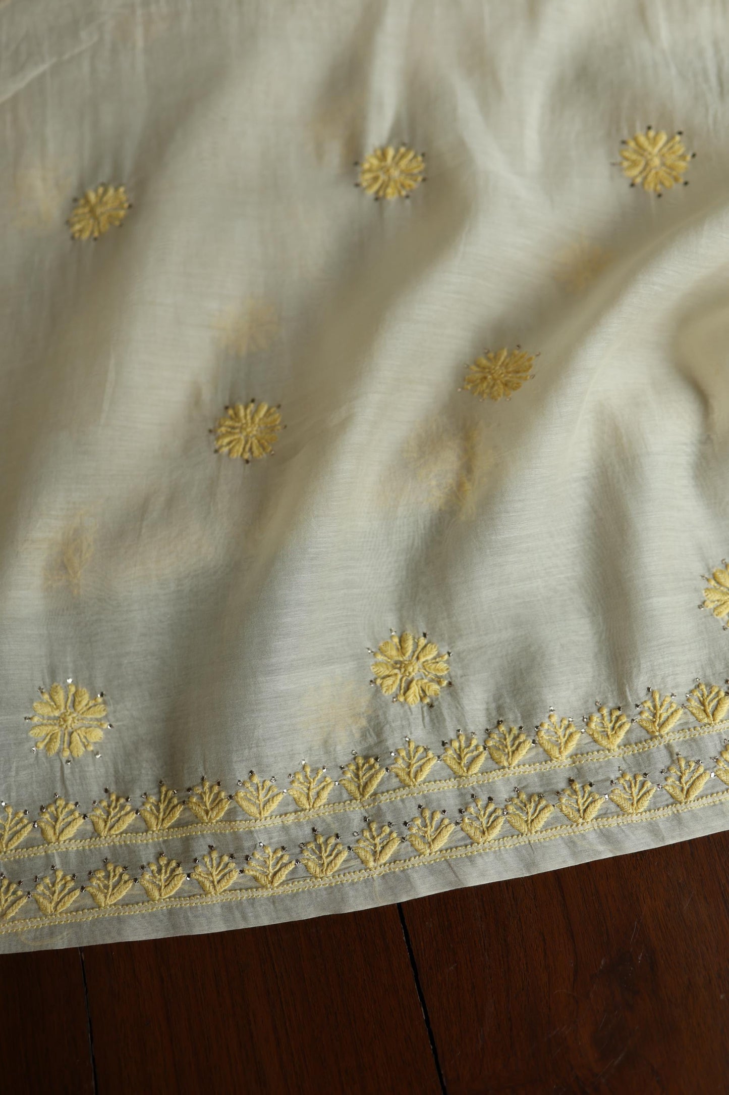 Silk Grey & Lemon Shade Mal Cotton Chikankari Unstitched Kurta Dupatta Fabric With Kamdani