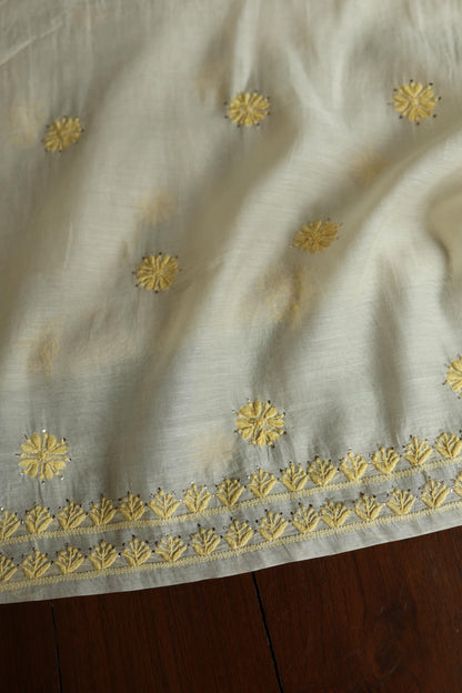 Silk Grey & Lemon Shade Mal Cotton Chikankari Unstitched Kurta Dupatta Fabric With Kamdani