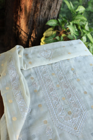 Silver Grey Shade Shade Zari Chanderi Unisex Chikankari Unstitched Men’s Kurta Fabric