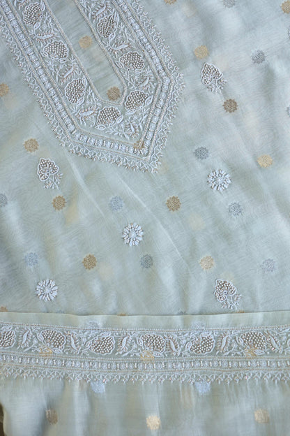 Silver Grey Shade Shade Zari Chanderi Unisex Chikankari Unstitched Men’s Kurta Fabric