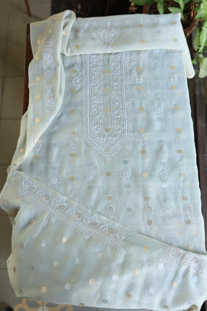 Silver Grey Shade Shade Zari Chanderi Unisex Chikankari Unstitched Men’s Kurta Fabric