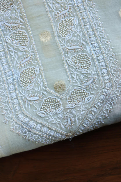 Silver Grey Shade Shade Zari Chanderi Unisex Chikankari Unstitched Men’s Kurta Fabric