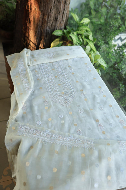 Silver Grey Shade Shade Zari Chanderi Unisex Chikankari Unstitched Men’s Kurta Fabric