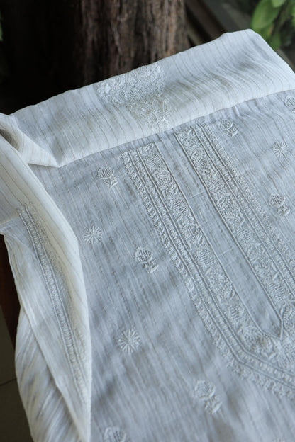 Silver White Zari Chanderi Unisex Chikankari Men’s Kurta Fabric