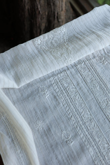 Silver White Zari Chanderi Unisex Chikankari Men’s Kurta Fabric