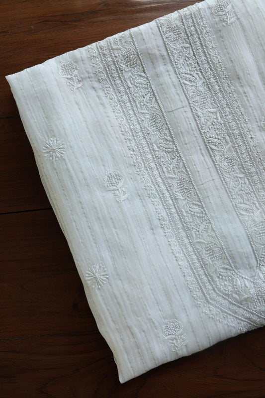 Silver White Zari Chanderi Unisex Chikankari Men’s Kurta Fabric
