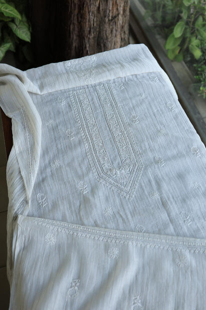 Silver White Zari Chanderi Unisex Chikankari Men’s Kurta Fabric