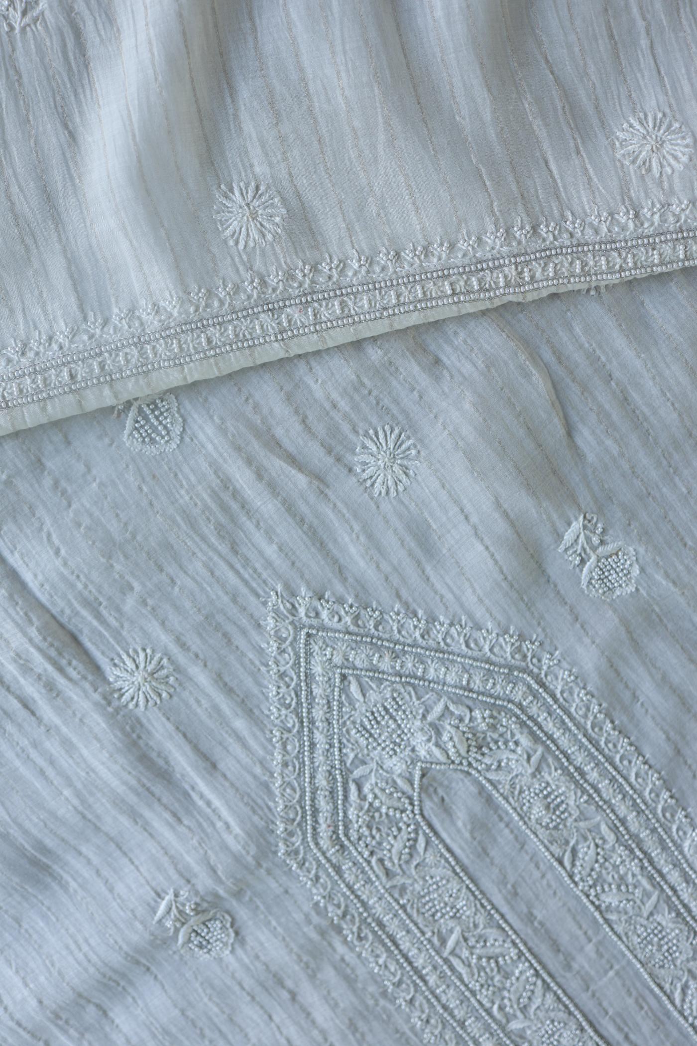 Silver White Zari Chanderi Unisex Chikankari Men’s Kurta Fabric