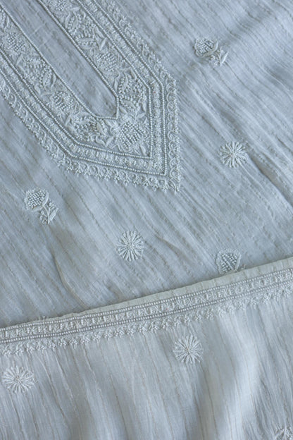 Silver White Zari Chanderi Unisex Chikankari Men’s Kurta Fabric