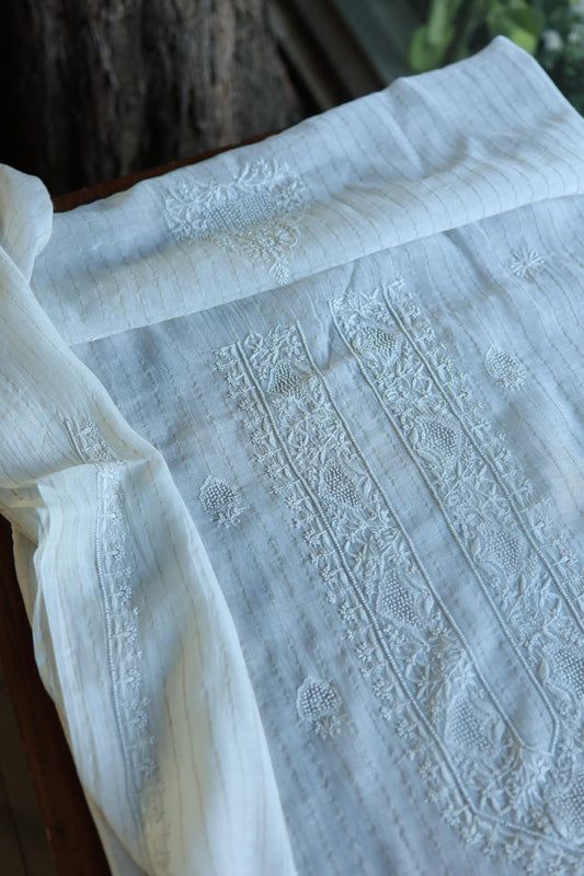 Silver Zari White Chanderi Unisex Chikankari Men’s Kurta Fabric