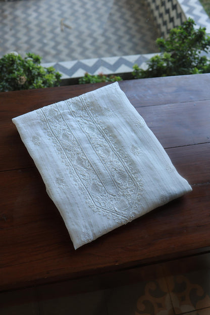 Silver Zari White Chanderi Unisex Chikankari Men’s Kurta Fabric