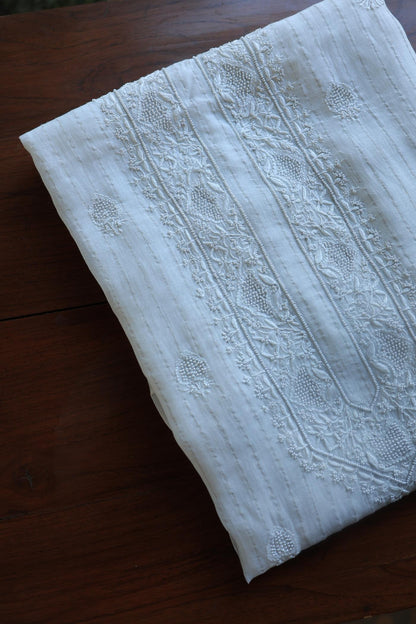 Silver Zari White Chanderi Unisex Chikankari Men’s Kurta Fabric