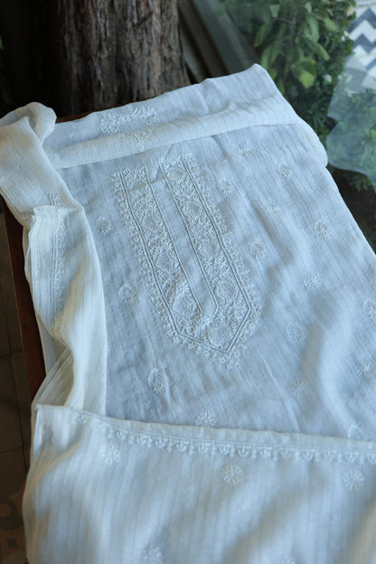 Silver Zari White Chanderi Unisex Chikankari Men’s Kurta Fabric