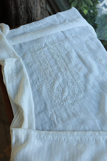Silver Zari White Chanderi Unisex Chikankari Men’s Kurta Fabric