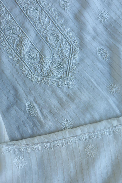 Silver Zari White Chanderi Unisex Chikankari Men’s Kurta Fabric