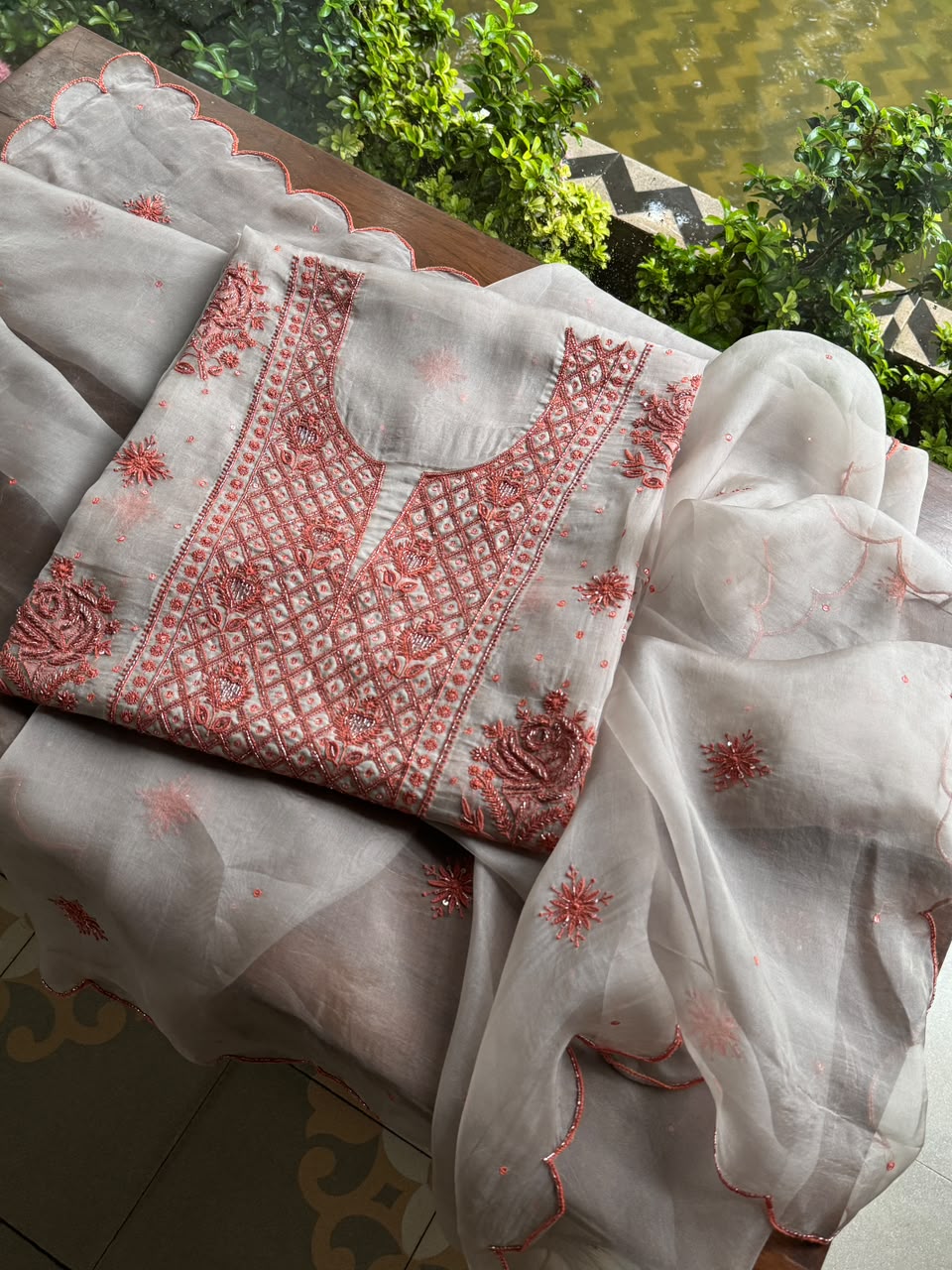 Silver & Copper Shade Noor Organza Silk Chikankari Unstitched Kurta Dupatta Set