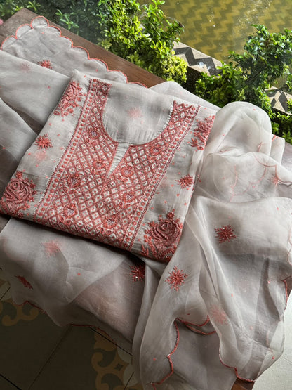 Silver & Copper Shade Noor Organza Silk Chikankari Unstitched Kurta Dupatta Set