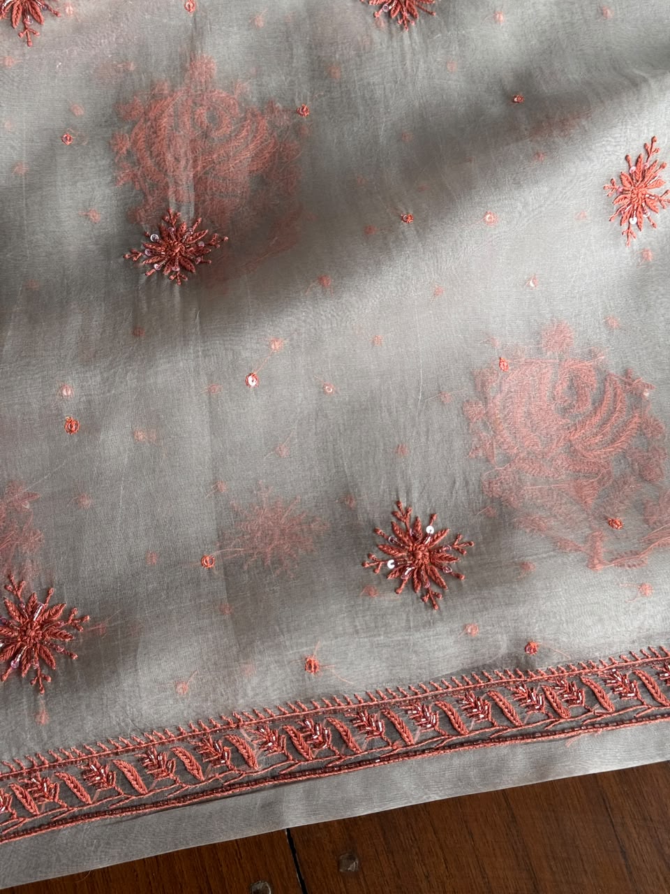 Silver & Copper Shade Noor Organza Silk Chikankari Unstitched Kurta Dupatta Set
